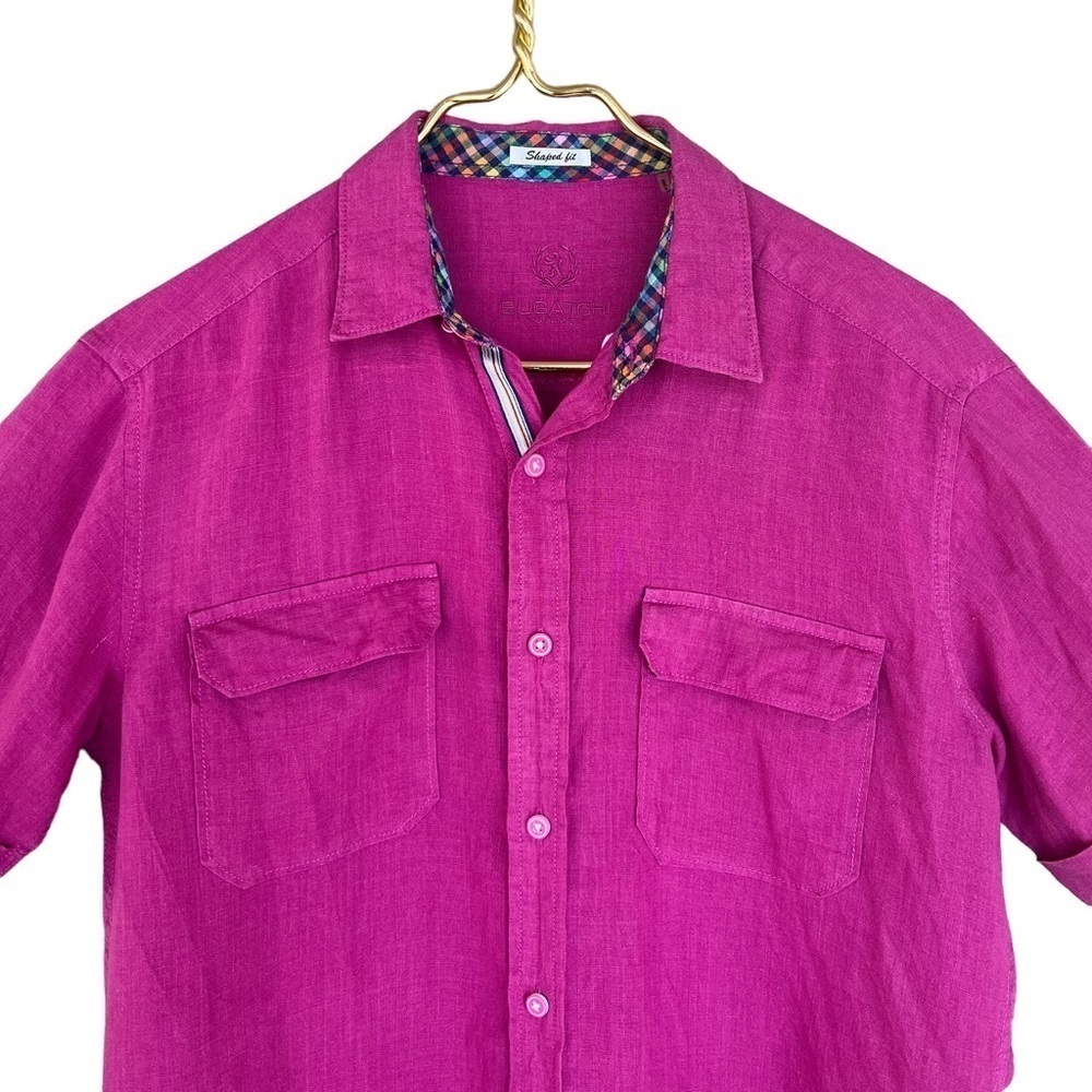Bugatchi Men’s Shaped Fit Pink Linen Short Sleeve Button Down Shirt - Picture 3 of 9